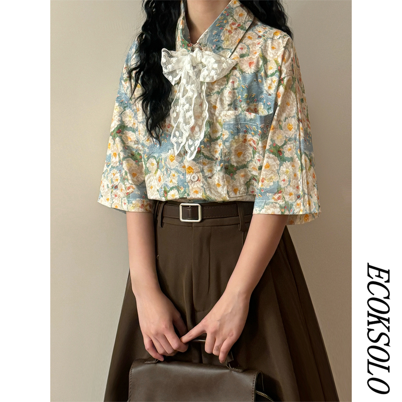 Ecoksolo2026 Summer American Retro Oil Painting Printed Short-Sleeved Shirt Women's Lace Tie Loose Top Trendy