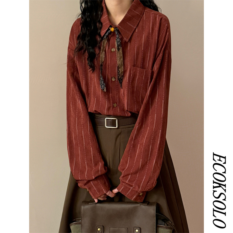 Ecoksolo2026 Spring American Retro Stripesd Long-Sleeved Shirt for Women with Lapel Tie Red New Year Shirt Trendy
