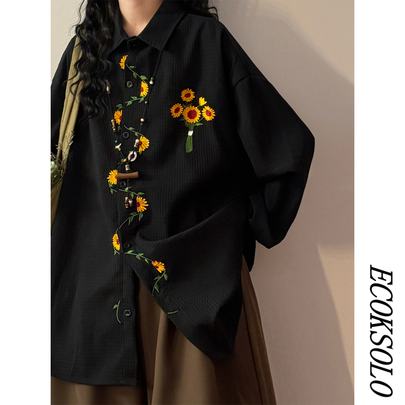 Ecoksolo2026 Spring Japanese Retro Sunflower Embroidered Long-Sleeve Shirt for Women, Loose Hong Kong Style Trendy Top