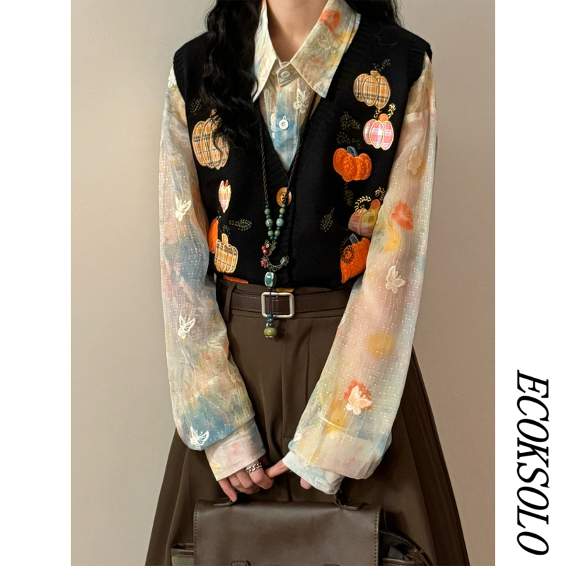 Ecoksolo Autumn and Winter Retro Fun Little Pumpkin Embroidered V-Neck Knitted Cardigan Sweater Vest for Women