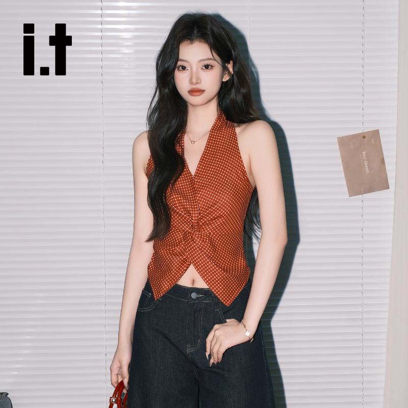 It:Chocoolate Hong Kong Style Retro Red Plaid Halter Neck Vest for Women, Vacation Style Waist-Cinching V-Neck Sleeveless Top