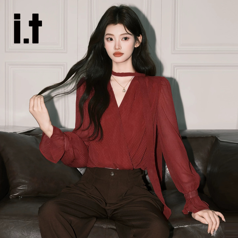 It:Chocoolate Hong Kong Style Retro Red Polka Dot Shirt for Women, Atmospheric V-Neck Ribbon Long-Sleeve Elegant Top