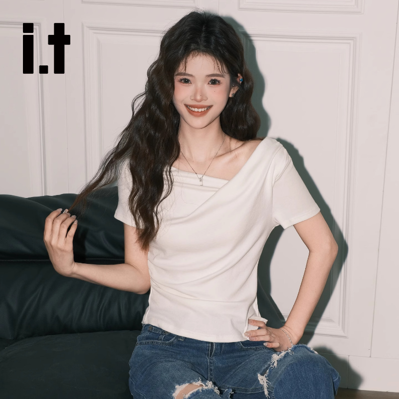 It:Chocoolate Korean Style ins White Scoop Neck T-Shirt for Women, Irregular Waist-Cinching Slim-Fit Short-Sleeve Top It:Chocoolate Korean Style ins White Scoop Neck T-Shirt for Women, Irregular Waist-Cinching Slim-Fit Short-Sleeve Top