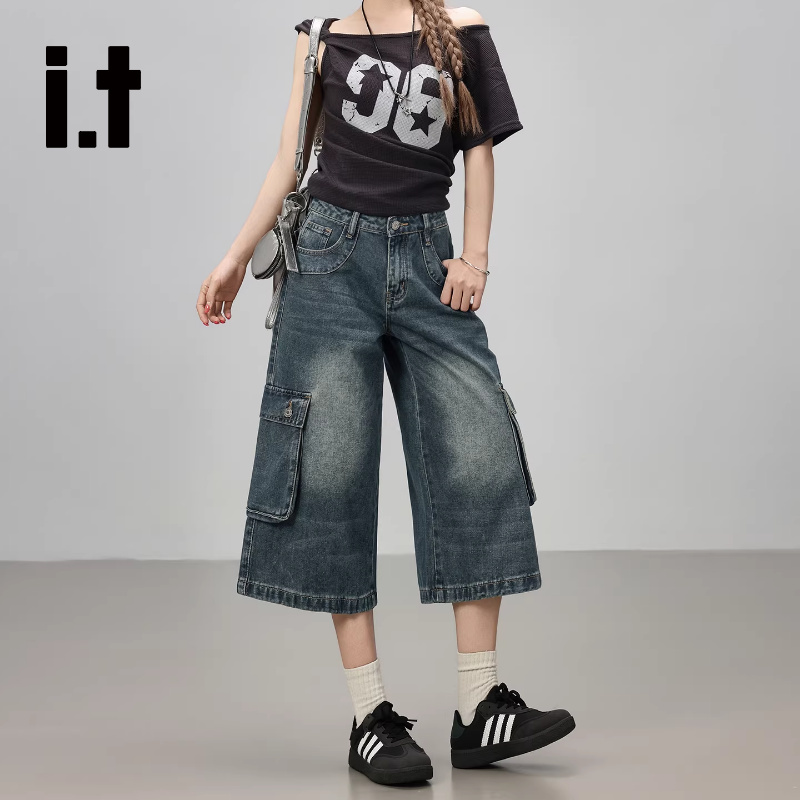 It:Chocoolate Retro Blue Wide-Leg Workwear Mid-Length Pants for Women, Pear-Shaped High-Waisted Loose Denim Cropped Pants