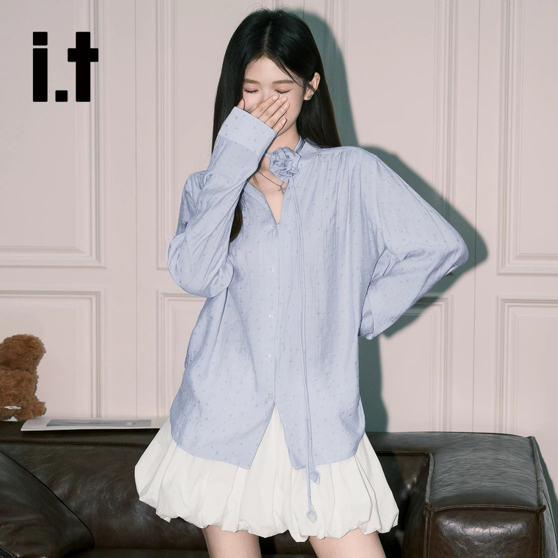 It:Chocoolate Gentle Blue V-Neck Long-Sleeved Shirt for Women, French Floral Lace-Up Blouse, Very Beautiful Top It:Chocoolate Gentle Blue V-Neck Long-Sleeved Shirt for Women, French Floral Lace-Up Blouse, Very Beautiful Top