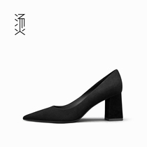 Hot Social womens shoes black suede pointed high heels shallow professional commuter work square shoes autumn and winter