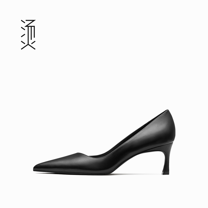 Black Leather Pointed-Toe Mid-Heel Shoes for Women, Suitable for Social Events, Professional Work, Versatile, Comfortable and Not Tiring