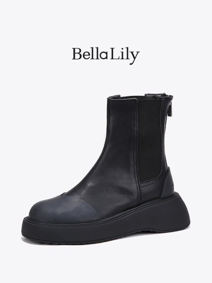 BellaLily新款厚底纯色中筒靴女透气切尔西靴拉链瘦瘦靴子