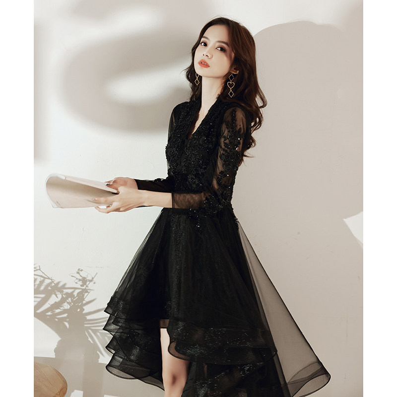 Evening dress dress Girl 2022 new high-end name Yuanyuan temperament front short rear long black ultra-fairy skinny little guy