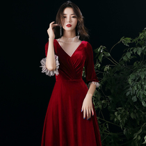 Toast dress bride wine red banquet velvet long sleeve noble wedding evening dress female modern atmosphere thin and long section