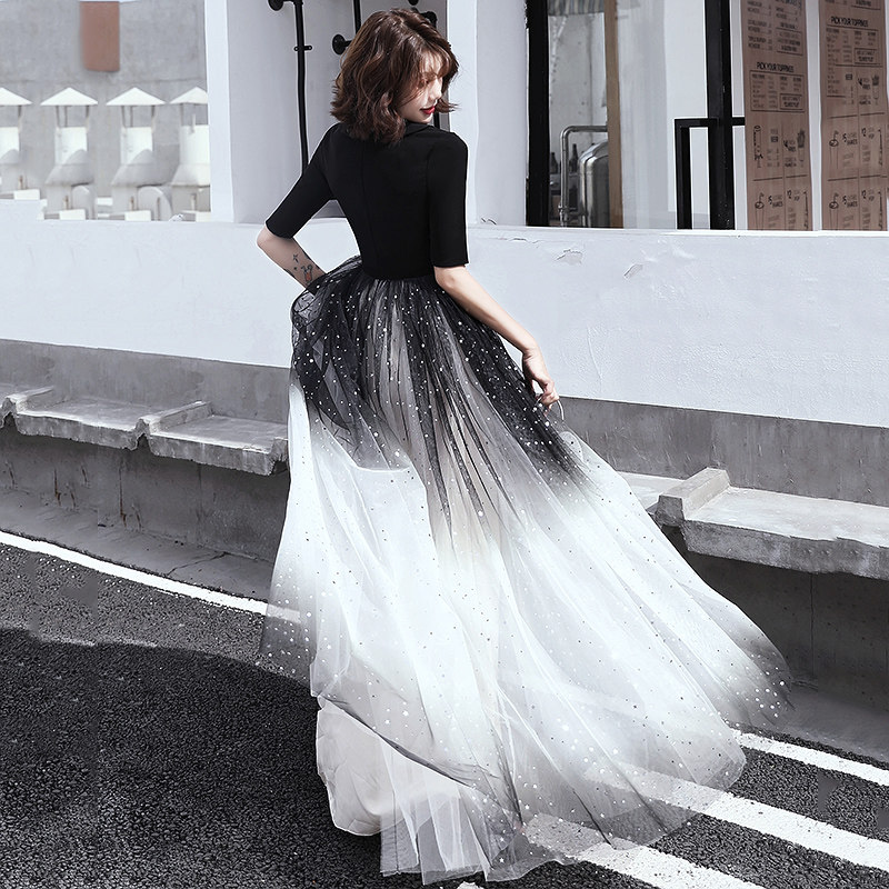 Black Temperament Evening Gown Dress Lady Banquets Fairy Music Raw Arts Exam long version of the Grand Choral troupe to serve the women's long dress