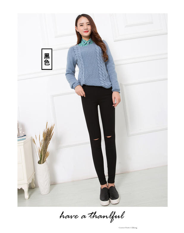 破洞仿牛仔裤女士高腰打底裤外穿夏大码黑色铅