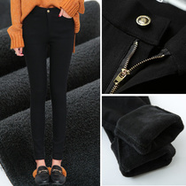 Autumn and winter plus velvet thick leggings outer wear womens black high-waist tight-fitting warm and thin feet pencil long pants