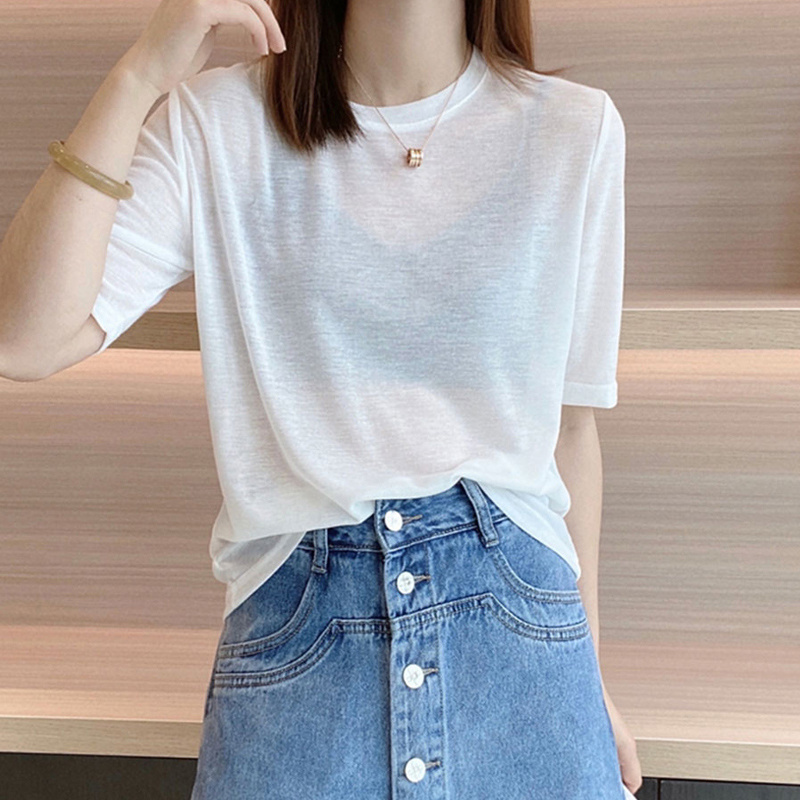 White T-Shirt for Women, New 2023 Summer Style, Lazy Style, Thin Mask-Like Design, Korean Style, Loose Fit, Slightly Sheer, Sun-Protective Top