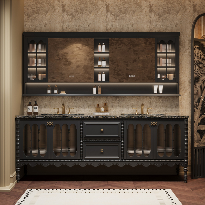 Large-Sized Double-Basin French-Style Vintage Bathroom Cabinet Set with Natural Luxury Stone Washbasin and Sink Cabinet
