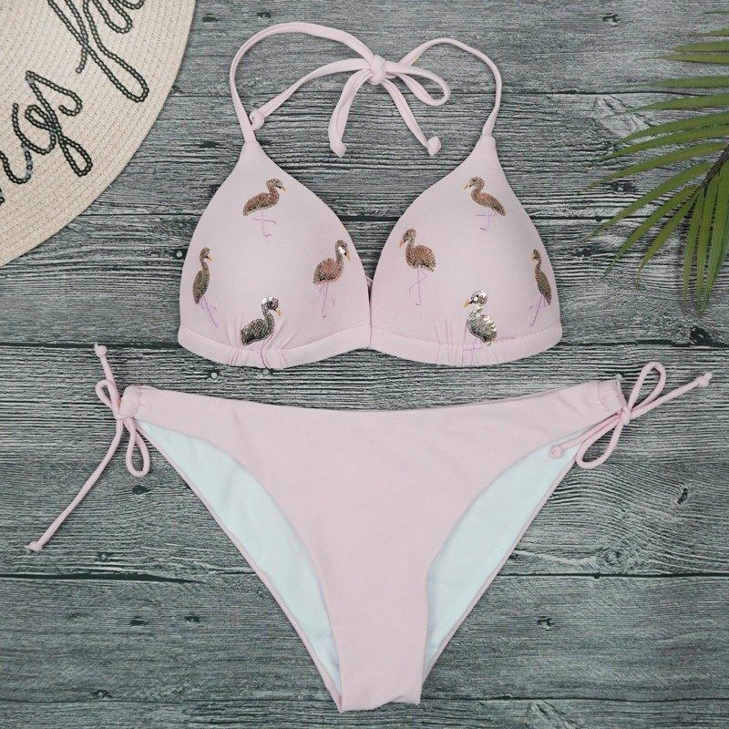 Cute sequins fresh pink bikini Japanese sexy three-point two-piece triangle bikini girl swimsuit
