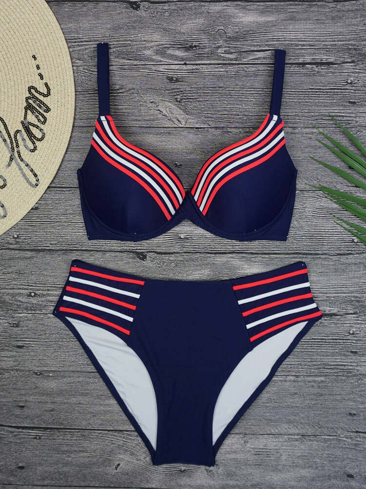 Conspicuic large size large breasted conservative double shoulder steel care two-piece high waist bikini gattening new spa woman swimsuit