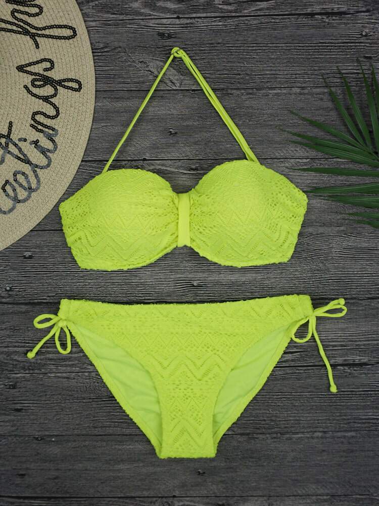 Knitting Lace Fluorescent Color Sense Split Lace Triangle Bikini Steel Nursery Thin Cups Big Breasts New Women Swimsuit