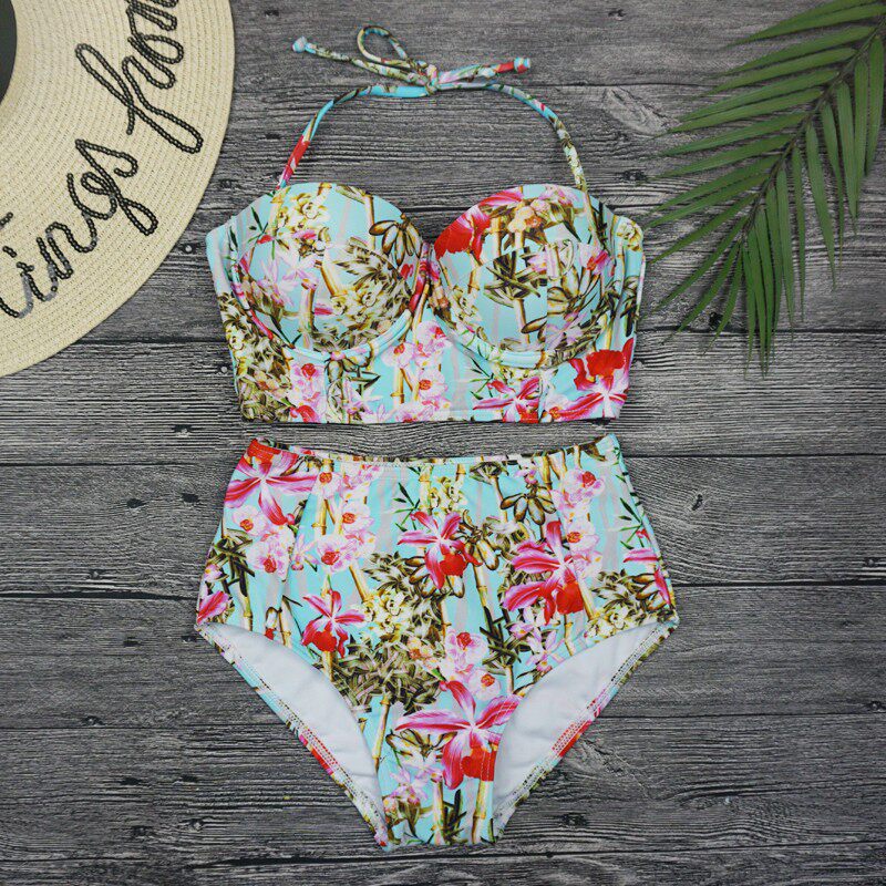 Flower two-piece steel tray high-waisted bikini thin cover belly Korean style plus fat size new women's swimsuit swimsuit