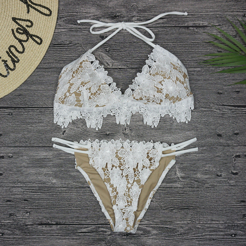 Lace triple-point high fork Tiny pants sexy show build European and American sweet and beautiful triangular bikini two sets of women swimwear