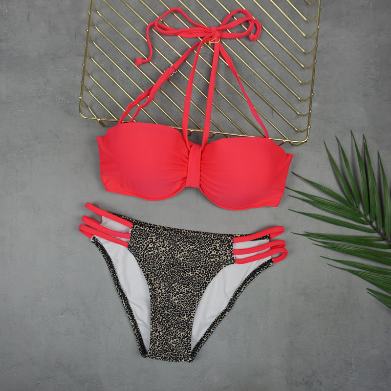 BAO WEN red smear breast steel Thickened Small Breasts Two-piece Triangle Bikini Sexy Lacing Women Swimsuit New