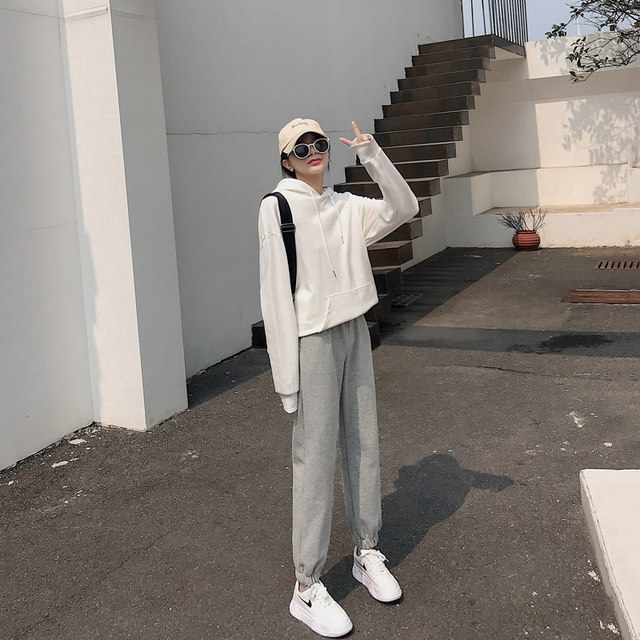 Gray sweatpants for women, spring, autumn and winter, plus velvet, loose slimming sweatpants, casual pants, harem pants, petite pants