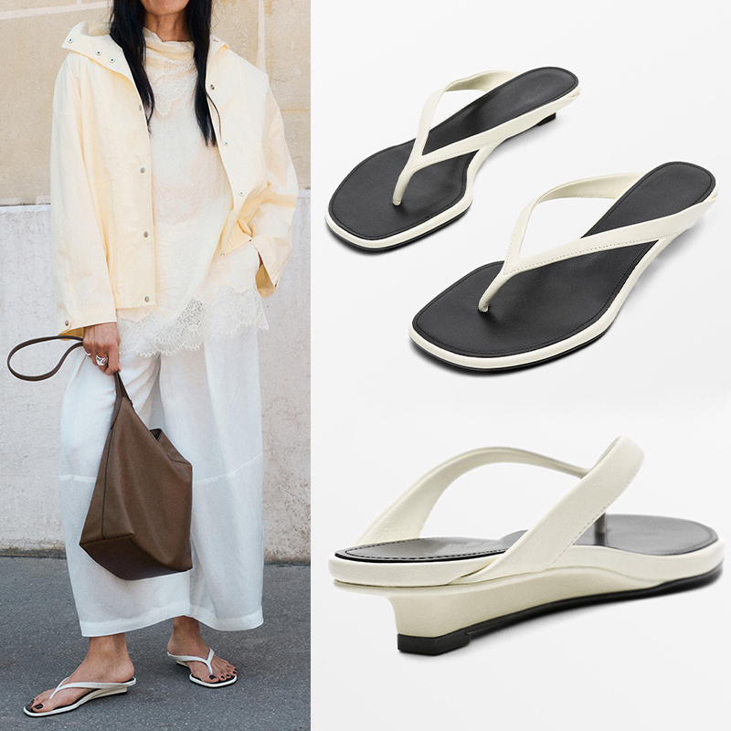 Original Women's Shoes Spanish Flip-Flops Genuine Leather White Color-Blocking Design Wedge Sandals Low Heel Comfortable Toe-Post Summer