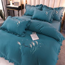 Korean style ins modern cotton cotton four-piece set naked sleeping fixed bed skirt princess style quilt cover lace embroidered bedspread