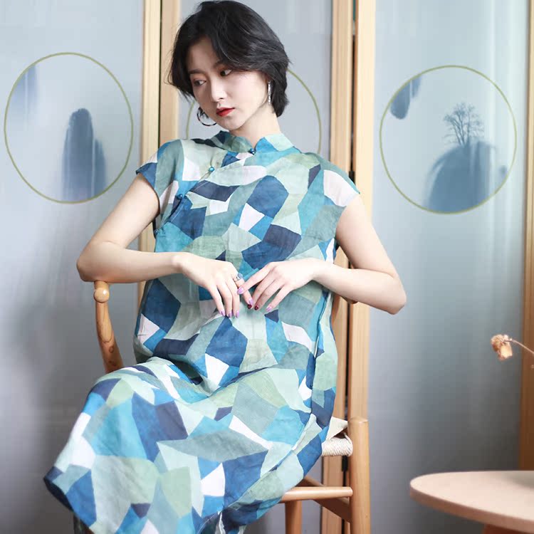 Trung Quốc đứng cổ áo slung váy nữ 苎麻 珠 扣 cải tiến sườn xám văn học retro tay áo ngắn chia hình học - Sản phẩm HOT đầm đẹp