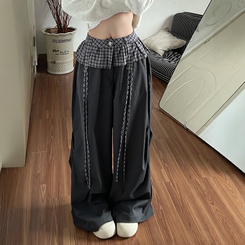 Designed with a Faux Two-Piece Plaid Drawstring Patchwork Casual Pants for Women, Thin High-Waisted Wide-Leg Pants, Loose and Slimming Cargo Pants Designed with a Faux Two-Piece Plaid Drawstring Patchwork Casual Pants for Women, Thin High-Waisted Wide-Leg Pants, Loose and Slimming Cargo Pants