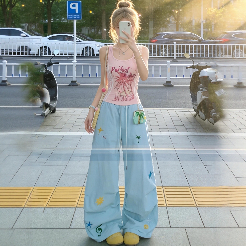 American-Style Cartoon Embroidered Paratrooper Cargo Pants for Women, Thin Quick-Drying Sports Pants, Hip-Hop Jazz Dance Scimitar Wide-Leg Pants