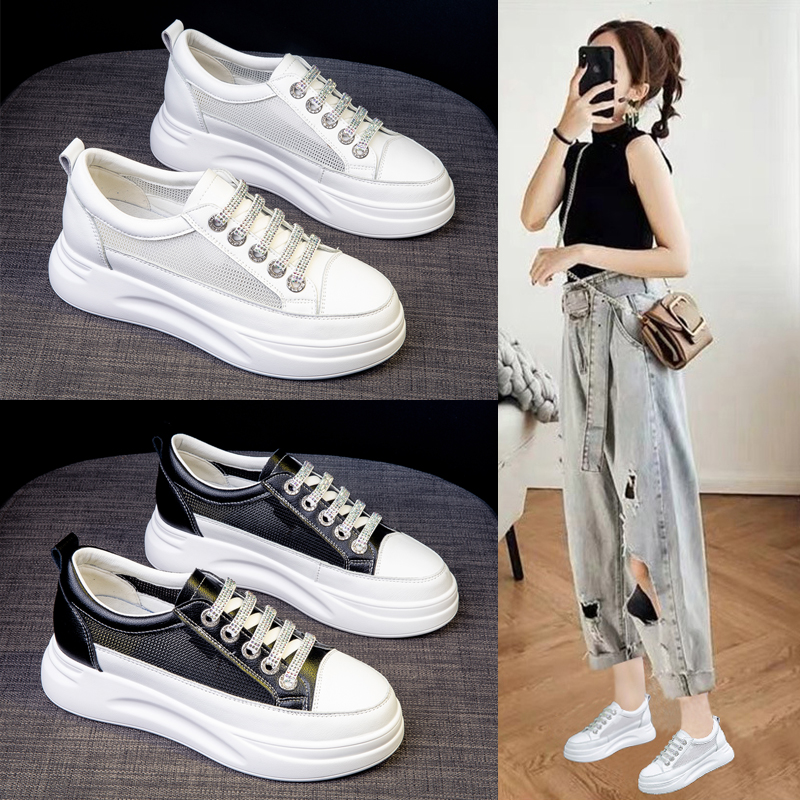 Thick-soled white shoes women's summer thin section 2021 new mesh breathable leather all-match one-step spring and autumn casual shoes