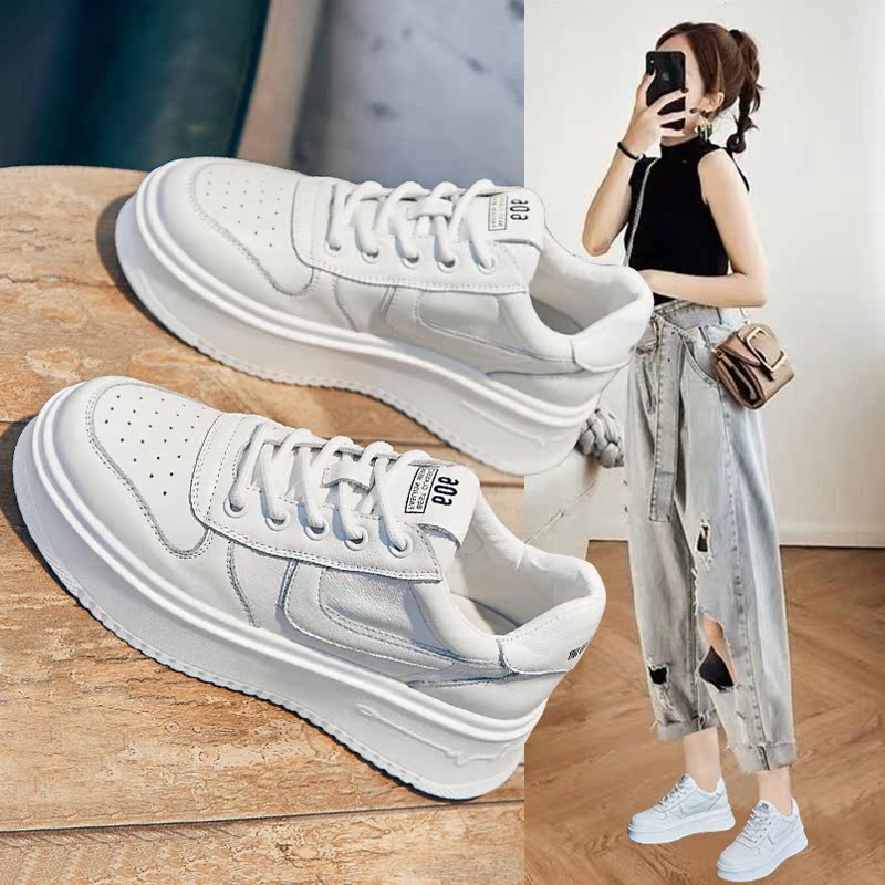Leather small white shoes women's spring and autumn 2021 popular thick-soled height-increasing sneakers autumn new all-match leather casual women's shoes