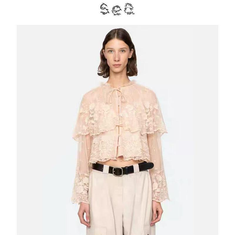 Sea New York French Romantic Style Lace-Up Tulle Vintage Embroidered Shirt