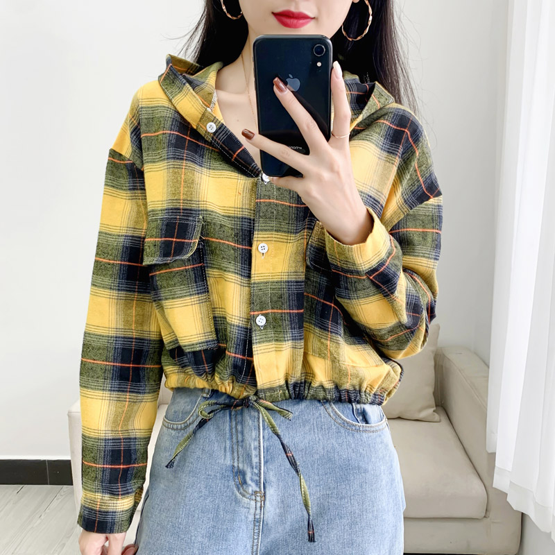 2021 spring autumn new design sensation small crowdlined shirt with cap shirt woman long sleeve 100 lap outside wearing short blouse