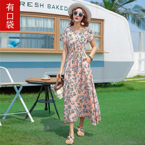 2021 summer can be sweet can be salt cotton silk dress Short sleeve long skirt Drawstring lace-up printed skirt Artificial cotton skirt Beach skirt