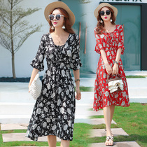 2021 can be sweet and salt summer new V-neck cotton silk dress long waist holiday swing printed beach skirt