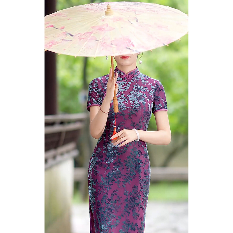 Purple cheongsam, lightweight elite fitted long retro summer rostometer Purple cheongsam, lightweight elite fitted long retro summer rostometer