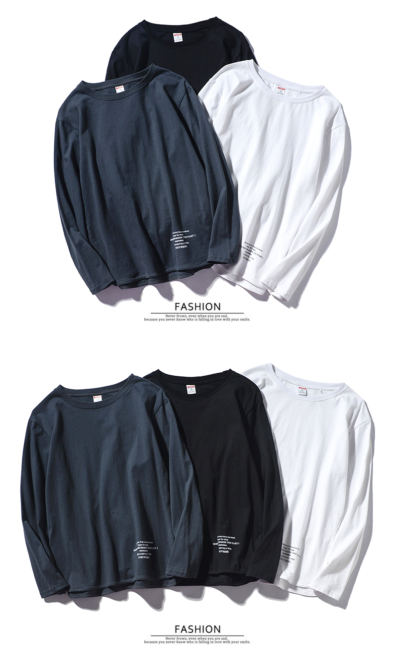 Rampo / sự hỗn loạn bước thu đông của phiên bản Hàn Quốc của xu hướng áo cotton đáy quần áo sơ mi dài tay cổ tròn màu trơn áo thun nam mua áo thun nam