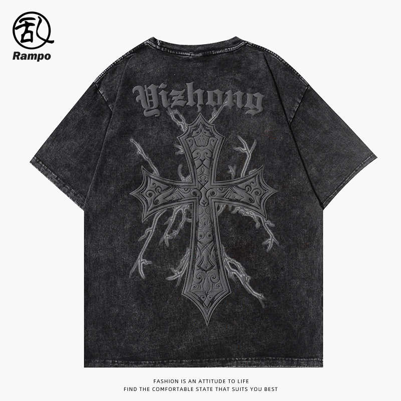 270g Heavyweight Pure Cotton Washed Vintage Short-Sleeve T-Shirt for Men, High Street American Retro Cross Design, Loose Casual Half-Sleeve