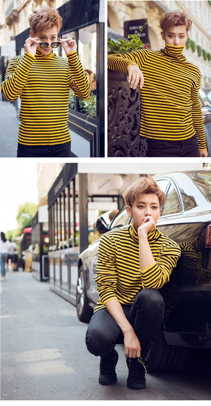 Mùa xuân và mùa thu phiên bản Hàn Quốc của chiếc áo thun dài tay tự trồng exo với áo sơ mi sọc cổ cao màu vàng