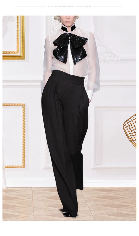 Hacker 2019 phụ nữ mới mùa xuân sequin nơ áo khí chất organza dài tay áo sơ mi OL chuyên nghiệp nữ - Áo sơ mi áo sơ mi cổ trụ