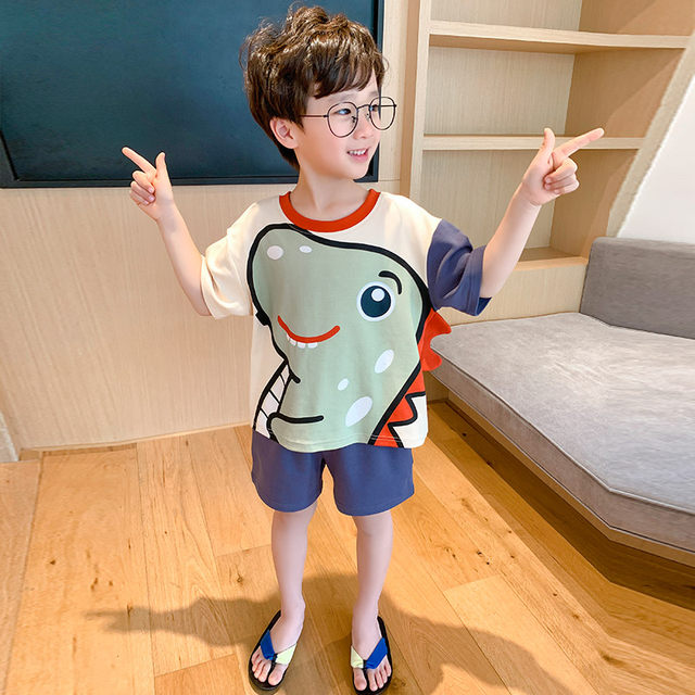 Children's boy pajamas summer thin section short-sleeved cotton summer baby home clothes cartoon big boy boy suit