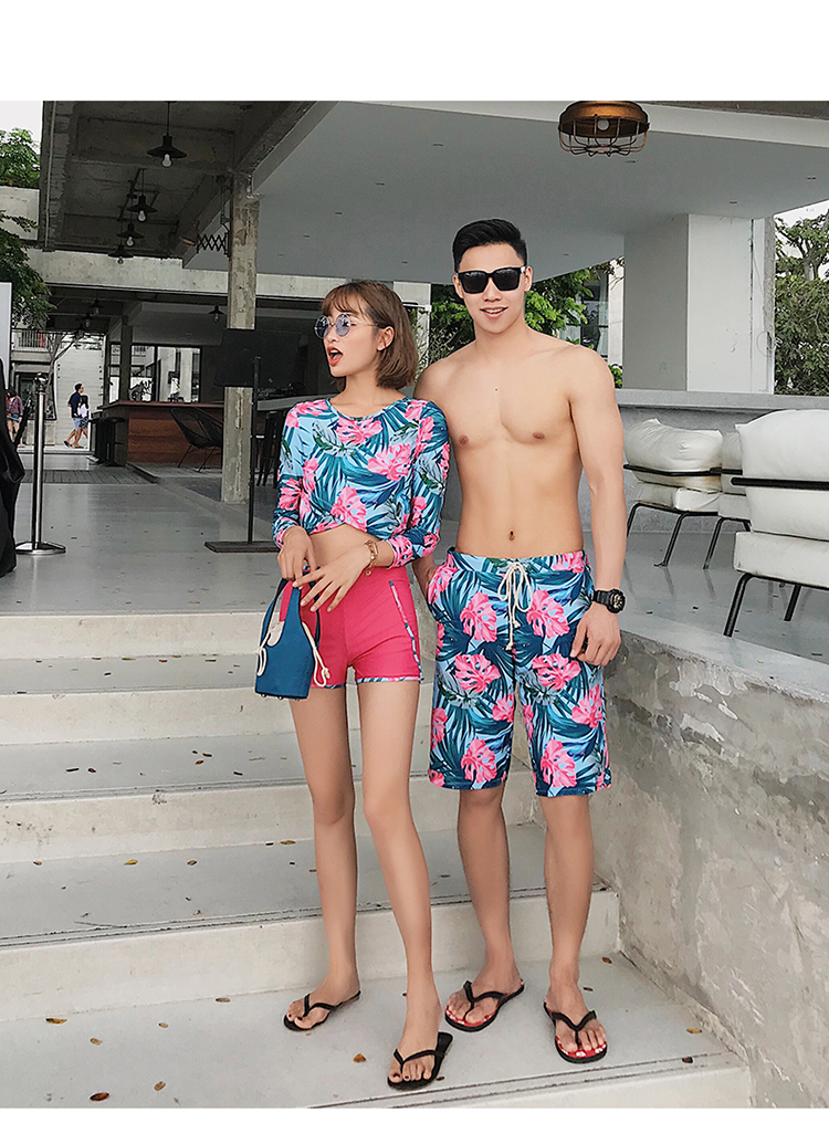 Cặp đôi đồ bơi nữ 2019 mới xẻ góc dài tay phẳng đã mỏng học sinh Hàn Quốc áo tắm xuân nóng bỏng quần bơi nam đi biển - Vài đồ bơi 	đồ đôi đi biển màu xanh