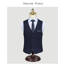 Autumn and winter trendy Korean version suit waistcoat for mens wedding bridegroom gown business casual dark blue plaid small kampung