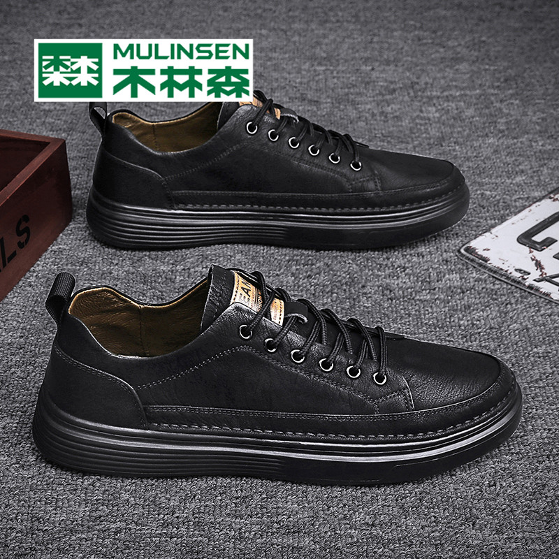 Wood Linson Shoes Male Trend Casual Shoes Spring Soft Bottom Genuine Leather Male Tide Shoes New Heightening Non-slip Black Leather Shoes