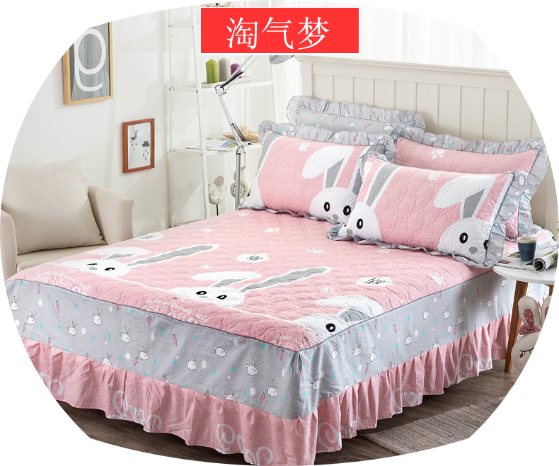 [Với áo gối] cotton chần giường bìa giường váy mảnh duy nhất cotton cộng với bông trải giường cover trải giường dày ba bộ