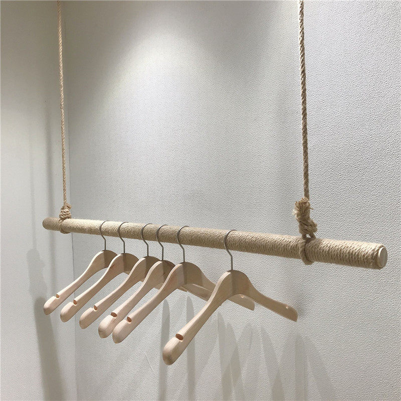 Hemp Rope Decorative Rings Hanging Hemp Rope Packs Wood Stick Racks Clothing Store Hanger Upper Wall Retro Clothes Rack rack