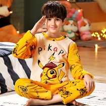 Junior high school students pajamas male teenagers winter coral velvet thickened warm boys winter plus velvet home clothing set