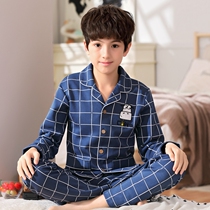 Youth pajamas male Spring Autumn long sleeve cotton plaid simple junior high school student boy thin home suit suit suit